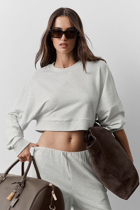 Cropped Sway Crew Neck Pullover - White Heather